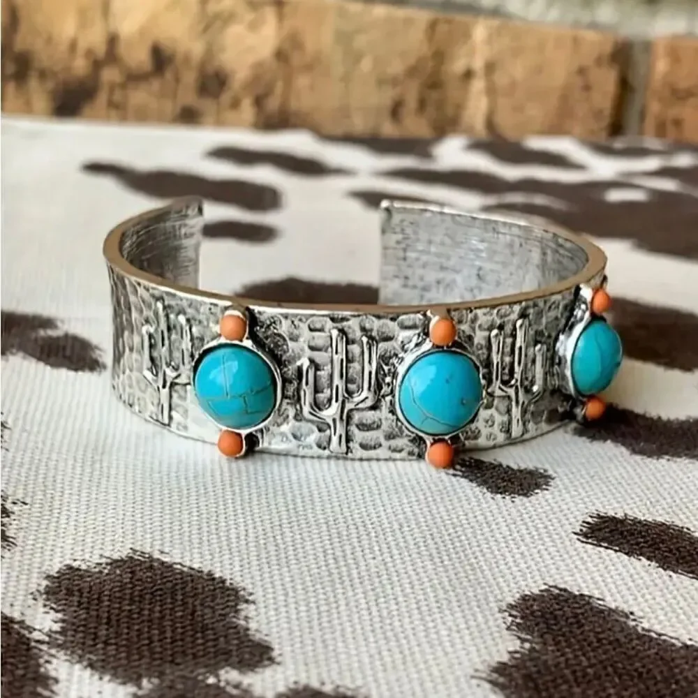 Desert Cactus Silver Bracelet Womens Casual Western Cuff New